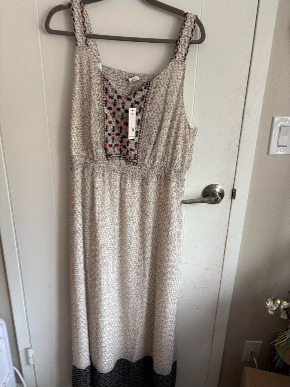 Skies Are Blue Beige Maxi Dress with Embroidered Accent